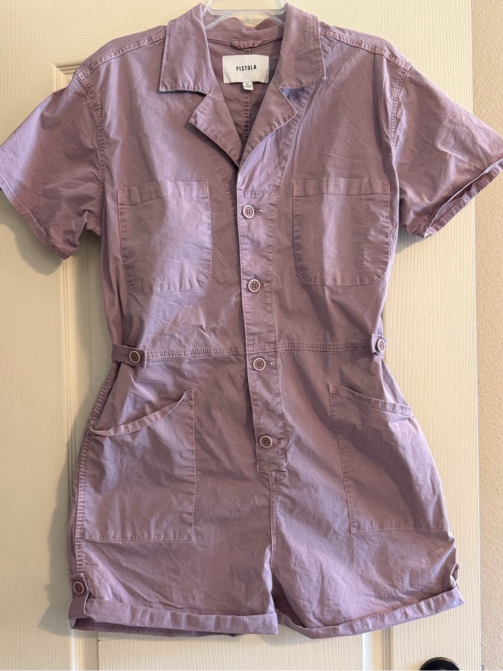 pistola Lavender Short-Sleeve Utility Romper in Light Purple